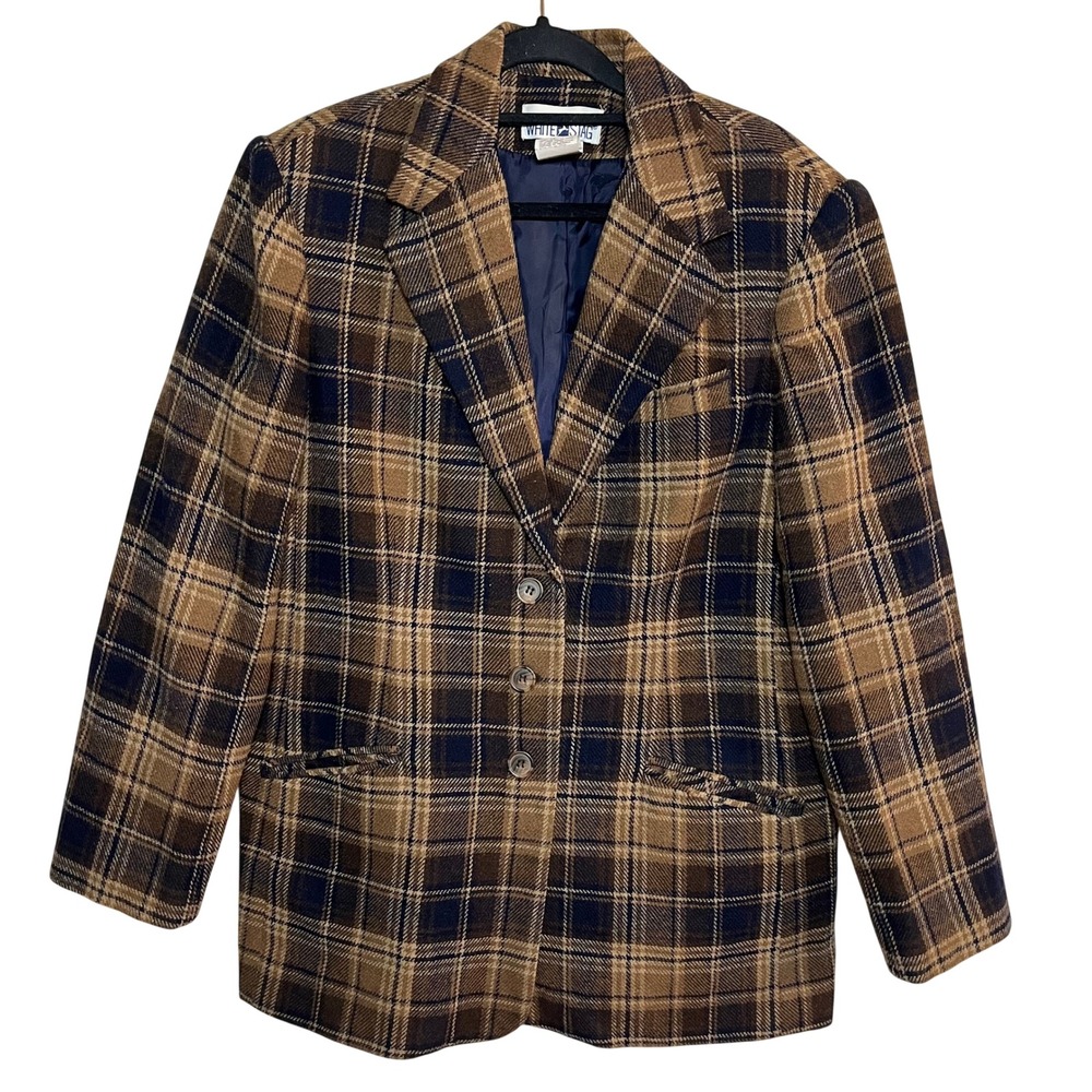 Wool Blend Plaid Blazer Jacket Brown Navy Classic Preppy Size 12 Academia Work